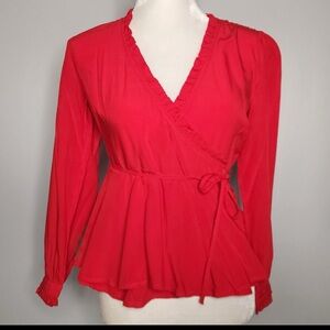 LOFT Red Long Sleeved Wrap Blouse Medium